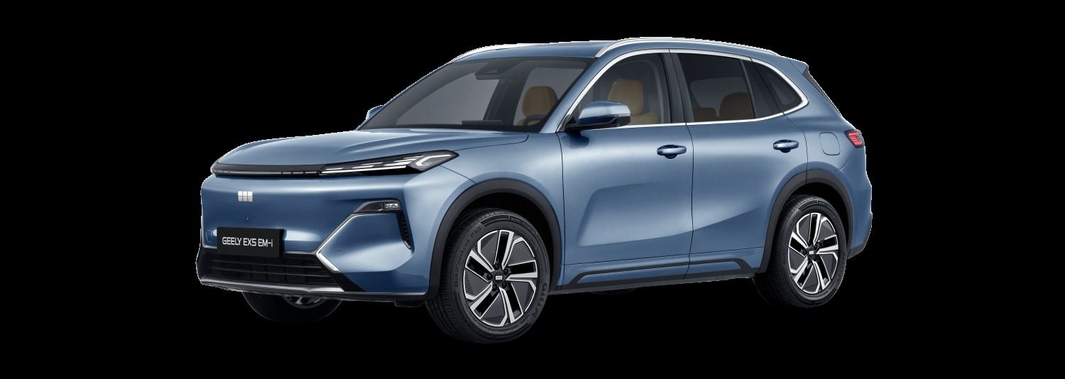 Geely EX5 EM-i 2025 — экстерьер, вид спереди 3/4, рынок Global