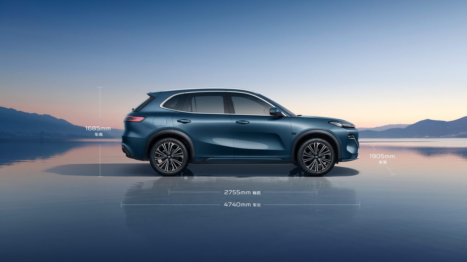Geely EX5 EM-i 2025 — экстерьер, side profile studio, рынок Geely EX5 EM-i / Galaxy Starship 7 EM-i model-family reference