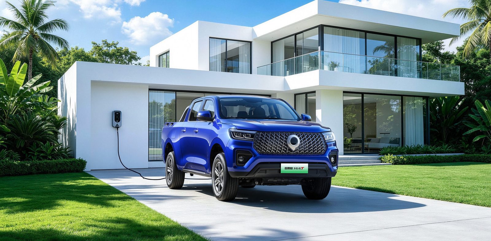GWM Pickup Commercial Cannon PHEV 2026 — экстерьер, front 3q home charge, рынок China