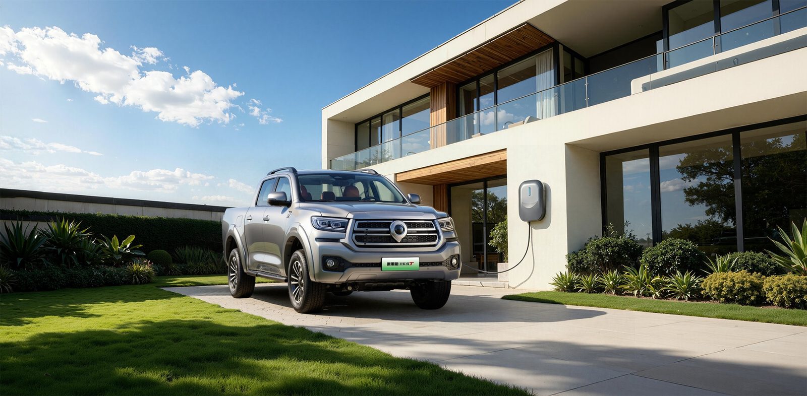 GWM Pickup Passenger Cannon Hi4-T PHEV 2026 — экстерьер, front 3q home charge, рынок China