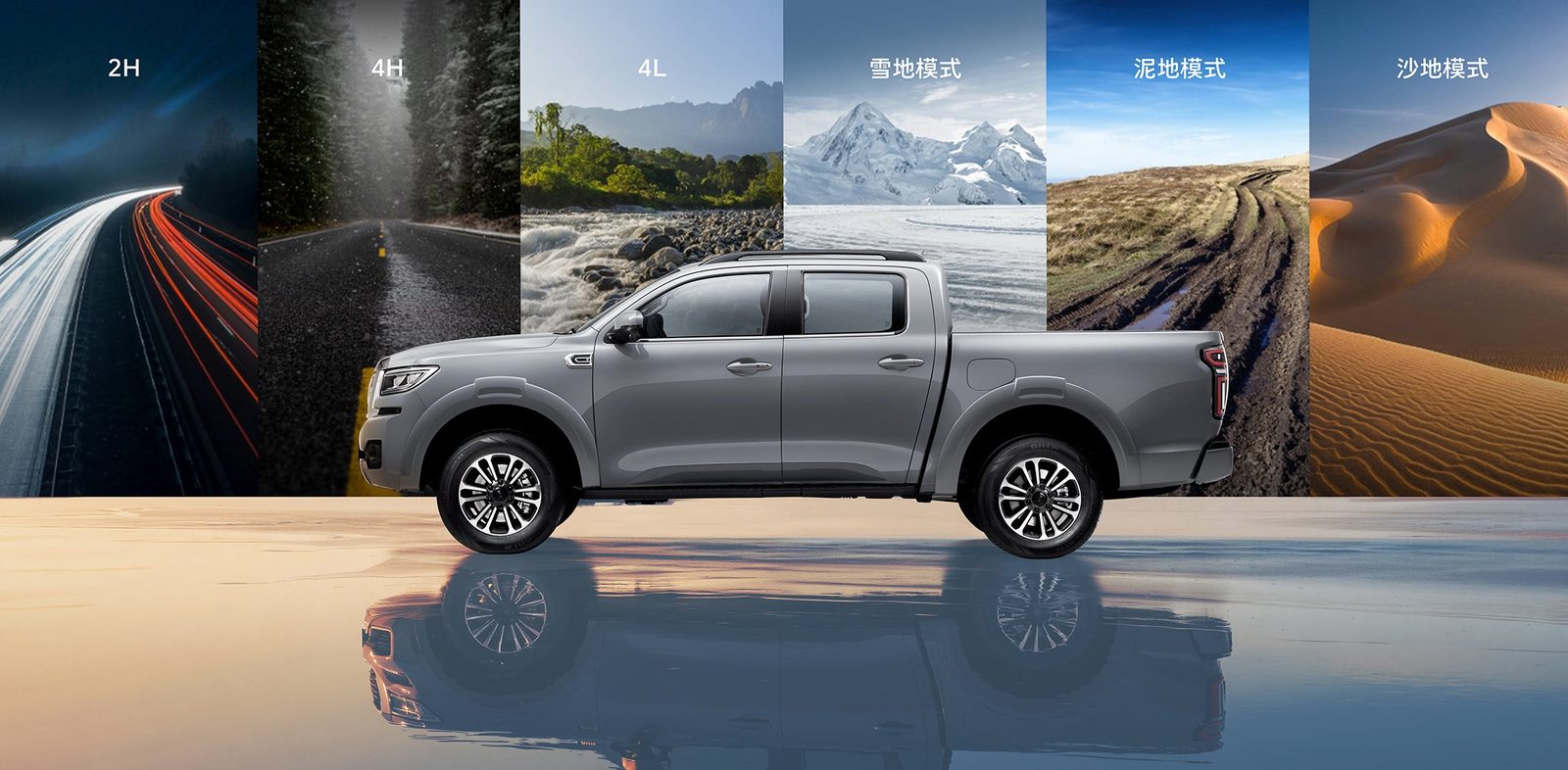 GWM Pickup Passenger Cannon Hi4-T PHEV 2026 — экстерьер, side profile collage, рынок China