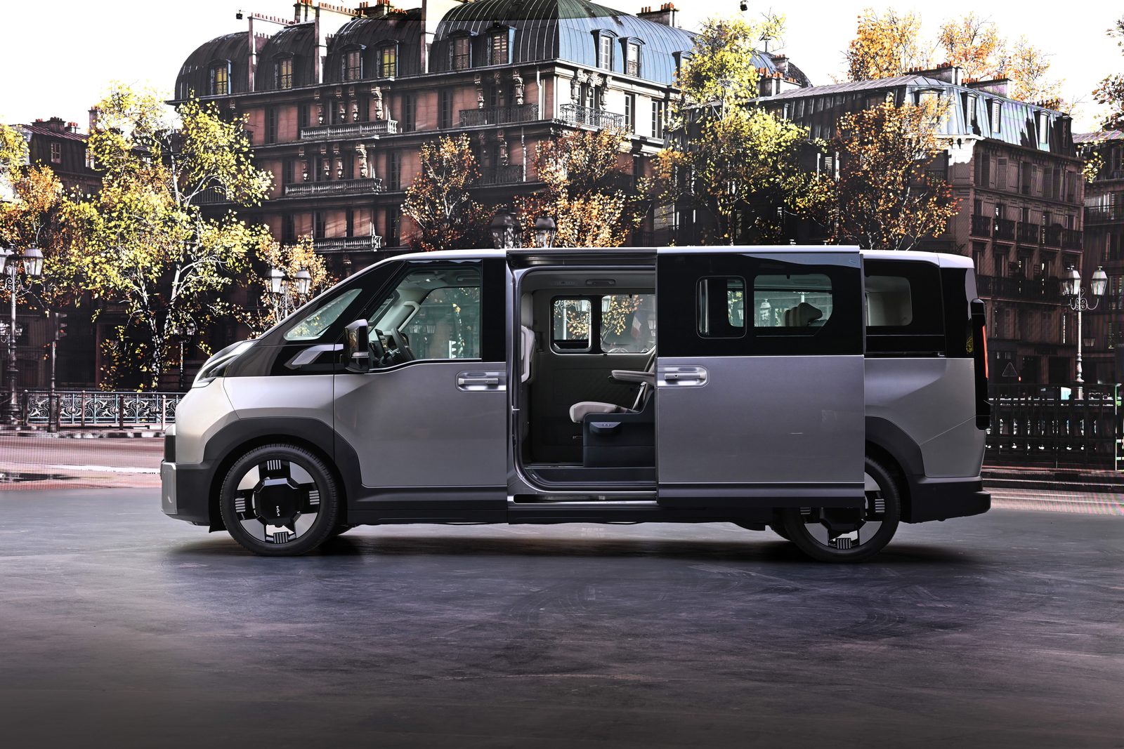 Kia PV7 2026 — экстерьер, passenger side door open, рынок EU / global