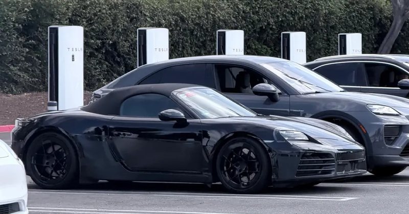 Electric Porsche Boxster spotted plugged in at Tesla Supercharger in California